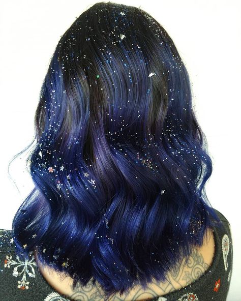 Starry Night Hairstyle, Night Sky Hair Color, Starry Night Hair, Starry Hair, Star Witch, Celestial Hair, Midnight Blue Hair, Space Hair, Fishtail Braid Hairstyles