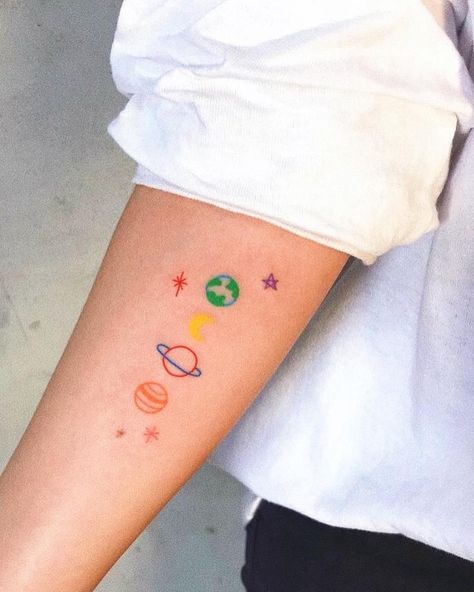 aesthetic on Instagram: “colour tattoos are so beautiful and different, i love it :)🌈🦋” Minimalist Tattoo Meaning, Tan Tattoo, Shape Tattoo, Harry Potter Tattoos, Disney Tattoo, Geniale Tattoos, Small Wrist Tattoos, E Tattoo, Diy Tattoo