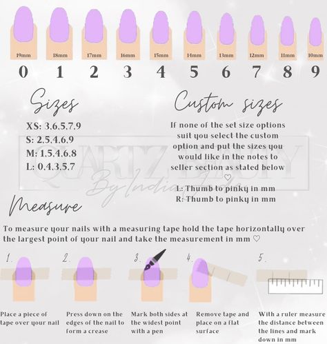 Press on nail size chart, how to measure for press on nails, fake nail inspiration, stick on nail ideas, press on nail set sizes, press on nail measurements, size guide for press ons Press On Nails Standard Size, Press On Nail Measurement Chart, How To Measure Nail Size, Press On Nails Size Chart, Press On Sizing Chart, Press On Nail Sizing Chart, Nail Size Chart, Nail Sizing Chart, Nail Theory