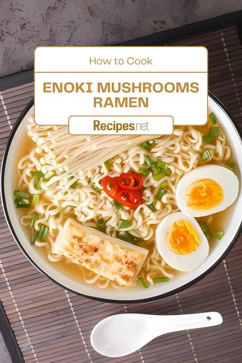 Ramen Bowl with Enoki Mushrooms Enoki Mushrooms Ramen, Easy Ramen Noodle Recipes, Ramen Easy, Enoki Mushroom Recipe, Homemade Ramen Noodles, Mushroom Ramen, Enoki Mushrooms, Easy Ramen, Homemade Ramen