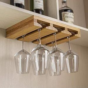 Kework Bamboo Wine Glass Holder, Hold Up to 6 Wine Glasses, Hanging Stemware Display Rack, Under Cabinet Mounted Wine Glass Drying Storage Hanger Organizer Rack (6-glass) Wine Glass Hanging, Wine Glass Holders Hanging, Wine Glass Storage Ideas, Glass Holder Ideas, Hanging Wine Glasses, Portugal Villa, Wine Glass Hanger, Kitchen Renos, Wine Glass Storage