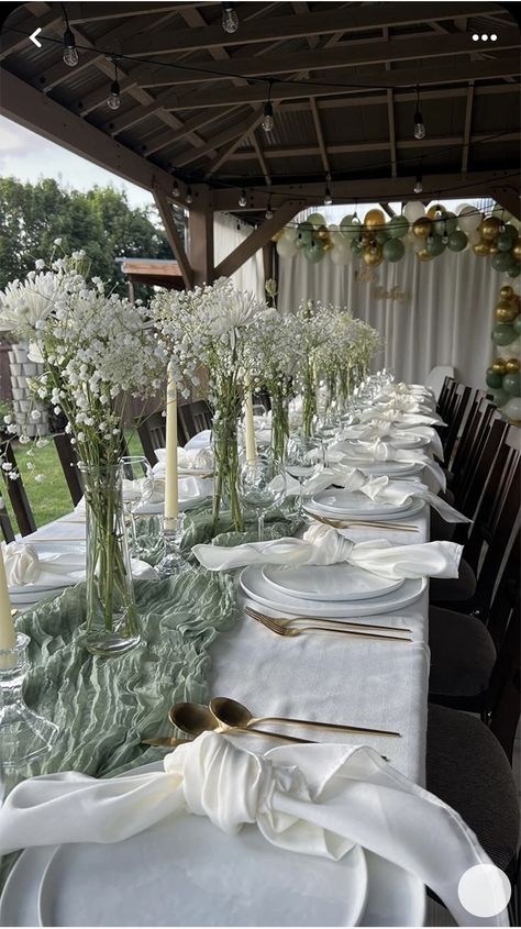 Bridal Shower Banquet Table, Bridal Shower Long Table, Green Gauze Table Runner Wedding, Green Cheese Cloth Table Runner Wedding, Sheer Table Runner Ideas, Elegant Bridal Shower Table Decor, Tables Without Chargers Wedding Ideas, Sage Green Bridal Shower Table Ideas, Gauze Table Runner Wedding Round Tables