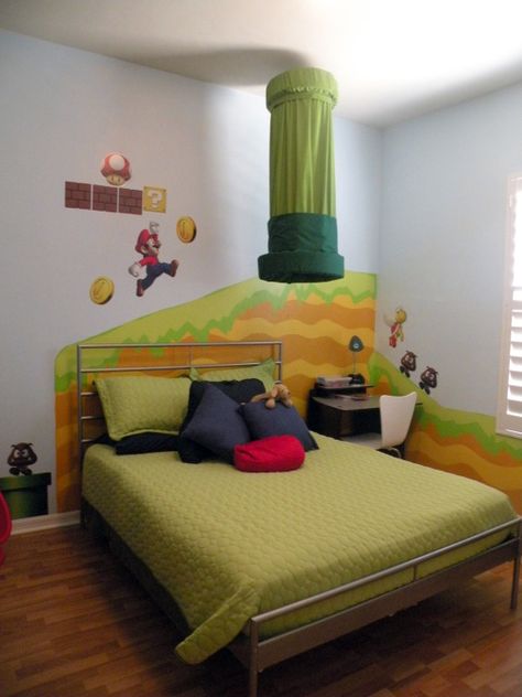 Nintendo Room Ideas, Mario Bros Room, Nintendo Room, Super Mario Room, Boy Room Themes, Mario Room, Mario Theme, Nerd Room, Boys Room Design