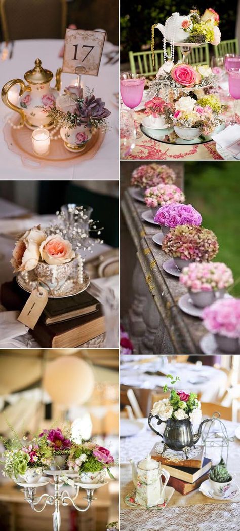 Victorian Wedding Centerpieces Vintage Style, Wedding Teacup Centerpieces, Vintage Tea Table Decor, Teacup Bridal Shower Ideas, Whimsical Centerpieces Table Decorations, Teacup Floral Arrangements, Vintage Tea Party Table Decor, Tea Cup Centerpieces Vintage, Teacup Centerpieces Wedding