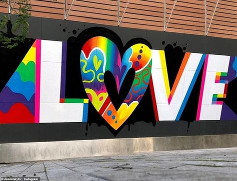 Colorful Murals Street Artists, Spray Paint Mural, Pride Mural, Gsa Ideas, Neon Spray Paint, Jason Naylor, Neon Disco, Spray Paint Artist, Rainbow Mural