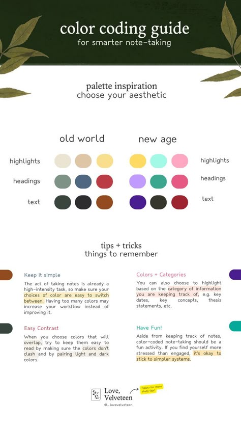 Different palette inspiration based on your aesthetic (old world, new age) + tips and tricks for productivity and student note-taking. Goodnotes, Evernote, OneNote ideas. Good Notes Layout Ideas, Note Taking Colour Palette, Aesthetic Notes Color Schemes, Color Palette For Note Taking, One Note Aesthetic Notes, Evernote Aesthetic, Note Taking Template Aesthetic, Onenote Notes Aesthetic, Goodnotes Tips And Tricks