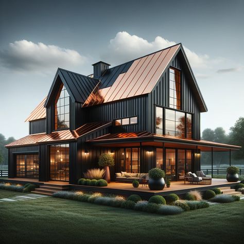 Black Barndo with Copper Roof - Barndo Build Plans Black And Copper Barndominium, Black House Copper Roof, Copper Roof House Exterior Colors, Small Barndominium Ideas Exterior, Black Roof House Exterior, Corrugated Iron House, Post And Beam Interiors, Black Barndo, Copper Roof House