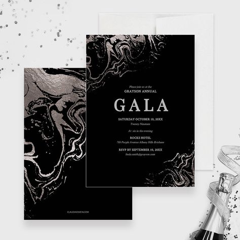 Make your next event shine with this elegant gala invitation. Featuring a stunning silver marble background, this invitation is perfect for any formal occasion. Show off your elegance and sophistication with this unique design that will make all your guests feel special. Let this invitation help you create an unforgettable experience for everyone!The card reads: Gala (but you can edit the text to suit your event)MATCHING SEThttps://claudiaowen.com/products/gala-invitation-edit-yourself-template-89332This is a digital card that you can edit, save and print. You can also send it by email or text to your guestsYOU CAN EDIT THIS INVITATION IN YOUR BROWSER WITH TEMPLETTNo special software or fonts to download. Edit this template right in your browser with the Templett application. It's easy to Silver Marble Background, Corporate Party Invitation, Gala Invitation, Gala Themes, Corporate Event Design, Company Office, Event Card, Gala Events, Marble Background