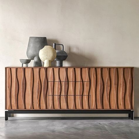 The doors of this sideboard showcase a textural patchwork of richly varied wood tones, adding a layer of dimension to its clean mid-century-inspired silhouette. Black metal legs round out the retro look. Natural Wood Sideboard, Buffet Sideboard Dining Room, Wood Sideboard Buffet, Dark Wood Sideboard, Mango Wood Sideboard, Retro Sideboard, Walnut Sideboard, Living Room And Kitchen, Wide Sideboard