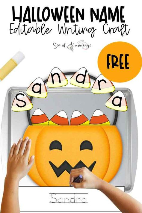 Free October Printables Preschool, Free Fall Name Craft, H Is For Halloween Craft, Preschool Name Crafts Free Printable, Halloween Name Crafts Preschool, Halloween Alphabet Activities, Halloween Name Craft, Pumpkin Name Craft, Preschool Halloween Theme