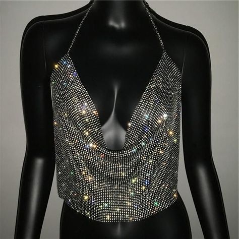 e1696007be4eefb81b1a1d39ce48681bdesc46427093ri Metal Tank Top, Party Crop Tops, Metal Tank, Crop Top Women, Chain Dress, Rhinestone Top, Backless Crop Top, Silver Tops, Mini Dresses For Women