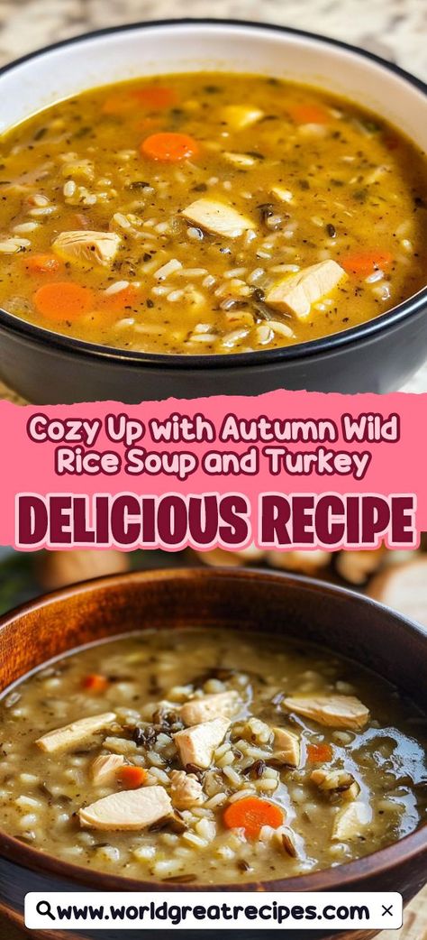 Embrace the warmth of fall with this delicious Autumn Wild Rice Soup with Turkey. This hearty soup combines nutty wild rice, tender turkey, and fresh seasonal vegetables. It's not just a meal; it's a comforting hug in a bowl that's perfect for crisp autumn evenings. Packed with nutrients and bursting with flavor, this soup is easy to prepare and ideal for busy weeknights or family gatherings. Enjoy leftovers for a quick, satisfying lunch that will keep you energized all day long. Autumn Wild Rice Soup, Autumn Wild Rice, Soup With Turkey, Turkey Wild Rice Soup, Quick Easy Family Meals, Turkey Rice Soup, Comforting Hug, Wild Rice Soup Recipes, Wild Rice Recipes