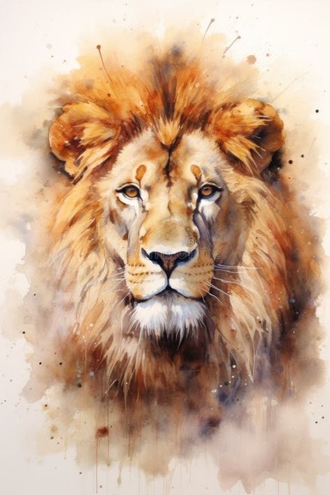 Beautiful Lion painted with watercolors. stock photo Watercolor Lion Painting Easy, Lion Art Painting, Lions Painting, Drawing Of A Lion, Colorful Lion Painting, Lion Paintings, Watercolour Lion, Lion Face Drawing, Simple Face Drawing