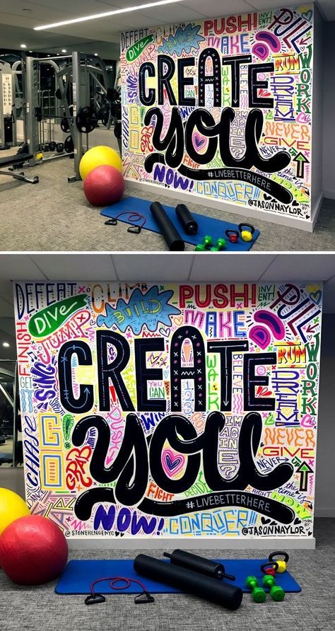 Gym Mural Wall Art, Gym Graffiti, Gym Mural, Jason Naylor, Gym Wall, School Wall Art, Gym Art, School Murals, Mural Ideas