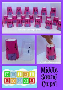 Middle Sound Cups- and How to Teach Kids to Find the Middle Sound of a Word Medial Sounds Activities, Middle Sounds Activities, Cup Stacking, Medial Sounds, Vowel Practice, Middle Sounds, How To Teach Kids, Cvc Word, Clear Cups