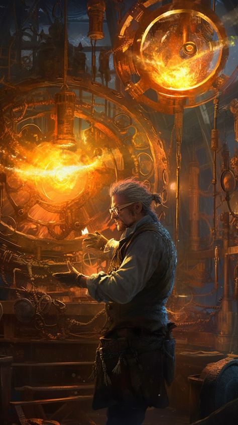 energy Magic Blacksmith, Dnd Engineer, Fantasy Engineer, Anime Blacksmith, Steampunk Blacksmith, Blacksmith Aesthetic, Istp Characters, Shop Keeper, The Blacksmith