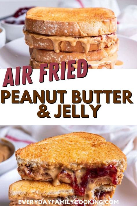 Indulge in the ultimate crispy and gooey treat with air fryer PB&J! This modern twist on a classic sandwich is pure nostalgic delight that’s ready in just 10 minutes. Fried Pickles In The Air Fryer, Dinner Air Fryer Ideas, Pbj Sandwich Air Fryer, Air Fried Pb And J, Fried Peanut Butter Sandwich, Air Fryer Pb And J, Fried Pb&j Sandwiches Air Fryer, Air Fried Peanut Butter And Jelly, Toasted Pb&j Sandwiches