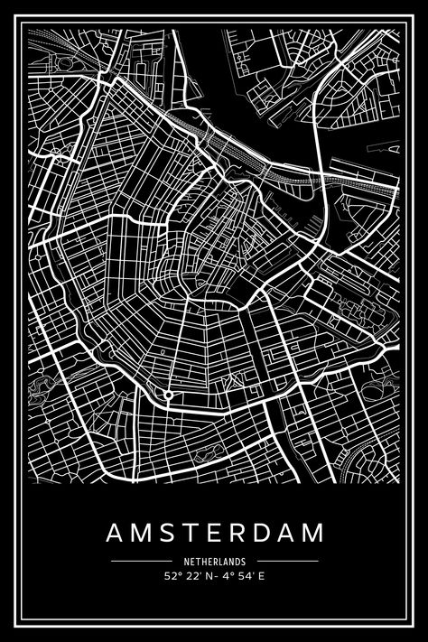 Amsterdam City Map Print, Modern Contemporary poster in 5 different aspect ratios to fit all frame sizes. Black and White. DIGITAL DOWNLOAD. Map Of Amsterdam, Amsterdam City Map, Amsterdam Map, Contemporary Poster, Map Black And White, City Maps Design, North Holland, Holland Netherlands, Map Wallpaper