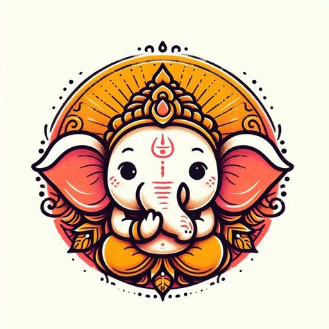 Little Ganesha Drawing, God Drawing Ganesh, Cute Ganesha Drawing For Kids, Ganpati Bappa Doodle Art, Ganesh Ji Doodle Art, Ganesh Sticker, Devotional Tattoo, Cute Ganesha, Cartoons Rangoli Design