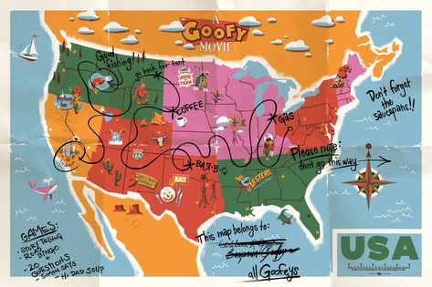 Claire Hummel on Twitter: "my finished piece for the Dream Destinations 2 show at @gallerynucleus this weekend: Goofy's family map from A Goofy Movie, done as a limited run screen print with @CyclopsPrints! 🚗🎣🏕️🏜️🍳🥓… https://t.co/kD0zP6XVRf" Disney Window Decoration, Claire Hummel, Movie Map, Vacation Map, A Goofy Movie, Disney Dinner, Movie Birthday Party, Goof Troop, Movie Birthday