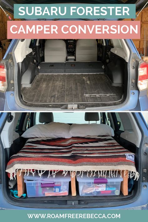 How I Built My Car Camper - Roam Free Rebecca. Measurements, cost, step-by-step guide, car camping essentials, & more! #diy #carcamper #subaruforester Simple Car Camping, Car Camping Setup Ideas, Car Camping Build, Car Living Hacks, Car Camping Storage, Subaru Forester Camper Conversion, Camper Necessities, Subaru Ascent Camping, Subaru Forester Camping Conversion