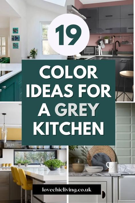 Are you wondering how to add color to a grey kitchen? We've rounded up 19 inspiring suggestions for brightening up grey kitchen cabinets. From barstools, to accent walls, to color combinations, schemes and palettes we've a range of ideas for every budget. Diy Kitchen Color Scheme, Modern Kitchen Colours Combination, Gray Kitchen Accent Color, What Colour To Paint Kitchen Walls, Cabinet Color With Gray Countertop, Grey Colour Kitchen Cabinets, Wall Color To Go With Grey Cabinets, Grey Cabinets Kitchen Decor, Kitchen Color Schemes With Gray Cabinets