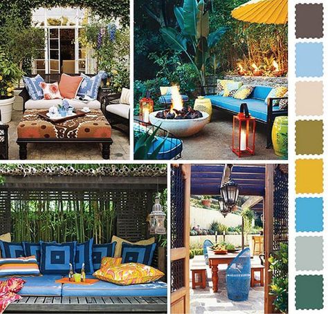 Here is the color palette we'll be using for our eclectic living room. Our goal is to ground the space with the floors (gray wood tile), and white walls, and accenting the room (chairs, rugs, and minimal art work) with pops of color. Hexagon Patio, Patio Color Schemes, Bohemian Patio, Patio Remodel, Cement Patio, Colorful Patio, Patio Pavers, Boho Patio, Decor Color Schemes