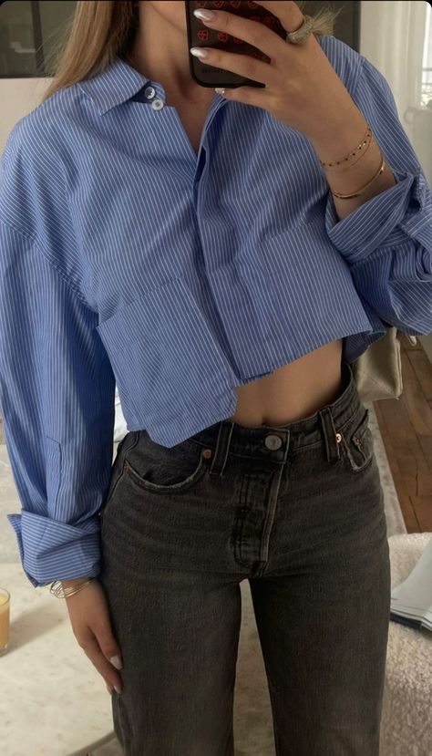 Cropped Blue Shirt Outfit, Blue Crop Shirt Outfit, Cropped Shirt Outfit, Blue Shirt Outfit, Cropped Jacket Outfit, Cropped Outfits, Cropped Shirt, Collar Shirt, Dress Code