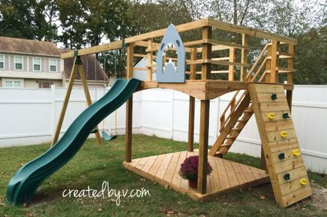 We priced out pre-fab playsets and didn't see one for less than a grand. We also didn't see one we couldn't build ourselves, and so we set out to DIY a better playground for a lot less. Diy Outdoor Playset, Kids Playset Outdoor, Playground Backyard Diy, Playset Plans, Diy Kids Playground, Swing Set Diy, Backyard Playset, Outdoor Playset, Diy Swing