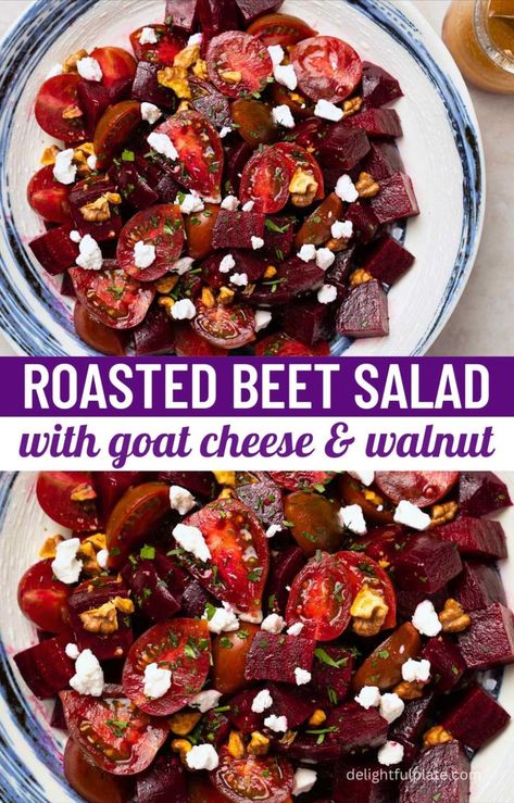 a plate of roasted beet salad with goat cheese, cherry tomato and walnut. Beet And Goat Cheese Salad, Beet Salad With Goat Cheese, Beet Goat Cheese Salad, Beet Goat Cheese, Green Bean Salad Recipes, Roasted Beetroot, Salad With Goat Cheese, Smoked Salmon Salad, Healthy Toast