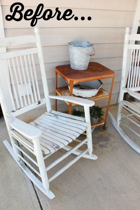 Cracker Barrel Rocking Chair, Rocking Chair Redo, Front Porch Rocking Chairs, Rocking Chair Makeover, Painted Rocking Chairs, Diy Rocking Chair, Old Rocking Chairs, White Rocking Chairs, Rocking Chair Front Porch