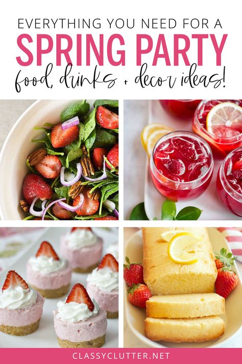 Spring Brunch Food Ideas, Spring Brunch Menu Ideas, Spring Recipes For A Crowd, Spring Birthday Dinner Ideas, Spring Theme Party Food, Fun Spring Food Ideas, Spring Fling Party Food, Garden Birthday Party Ideas For Adults, Spring Foods Party