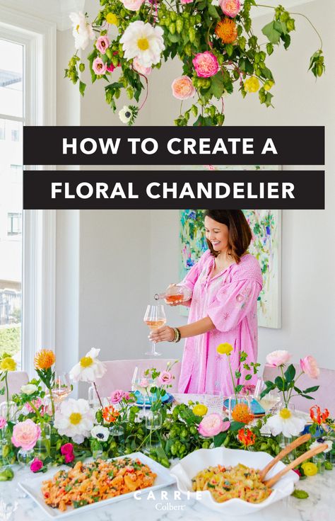 Chandelier Flower Arrangement, Decorate Chandelier For Party, Floral Chandelier With Lights, How To Hang Flowers From Ceiling Diy, Flowers On Chandelier, Diy Hanging Floral Arrangements, Flowers Hanging From Chandelier, How To Make A Flower Chandelier, Chandelier Floral Arrangement