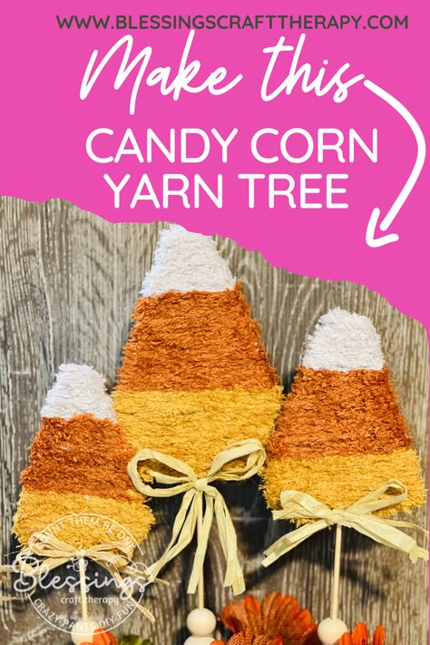 Yarn Candy Corn, Dollar Tree Candy Corn Crafts, Candy Corn Pom Pom, Homemade Candy Corn Recipe, Corn Crafts, Halloween Yarn, Candy Corn Crafts, Candy Corn Decorations, Yarn Trees