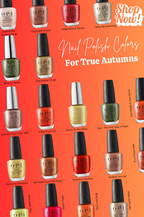 Discover Your Perfect Nail Polish Shades for Every Seasonal Color Palette! True Autumn Nail Color Palette, House Of Colour Autumn Nails, Warm Autumn Nail Polish, True Autumn Nail Color, True Autumn Nail Polish, Warm Autumn Nail Color, True Autumn Nails, True Autumn Color Palette, Autumn True