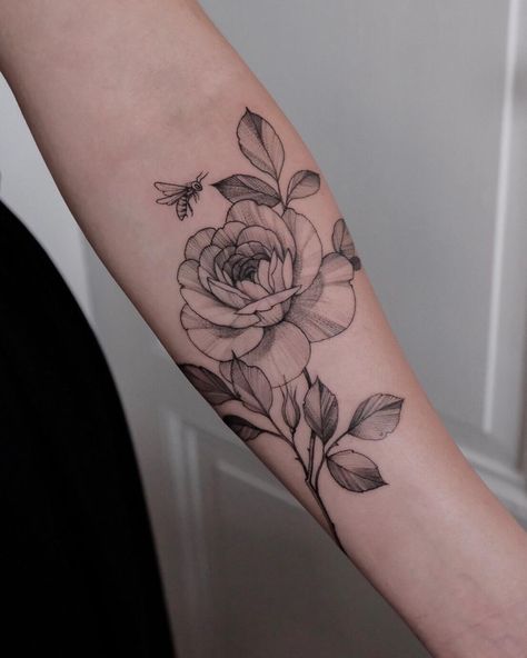 Rose Bee Tattoo, Rose Rib Tattoos, Rose Tattoo Ideas, Bee Tattoo, Cute Rose, The Last Word, Art Tattoos, Rib Tattoo, Rose Tattoos