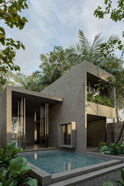 Brutalist House Exterior, Modern House Concrete, Small Concrete House Design, Concrete House Exterior, Concrete Home Design, Brutalist House, Concrete House Design, Cement House, Bali Architecture