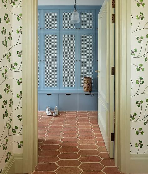 Colourful Mudroom, Colorful Mudroom, Dream Farmhouse, Terracotta Floor, Boot Room, Terracotta Tiles, Kitchen Wallpaper, Closet Ideas, Color Inspo