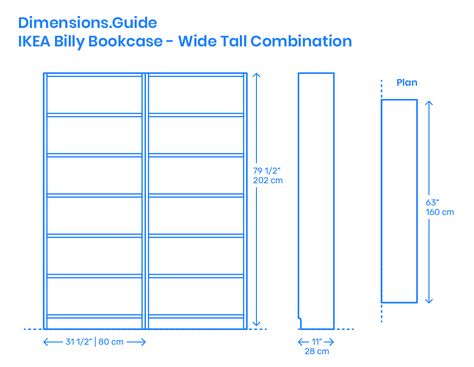 The IKEA Billy (Wide Tall Combo) is a set of two tall wide Billy bookcase with rectangular cabinets for storing and displaying your favorite books. The twelve cabinets provide lots of storage space and a design that matches office furniture and a professional look in an office or living room. Downloads online #furniture #storage #bookcase #home Furniture Measurement, Library Dimensions, Before After Furniture, Standing Bookshelf, Storage Bookcase, Ikea Billy Bookcase, Book Cabinet, Library Shelves, Ikea Billy