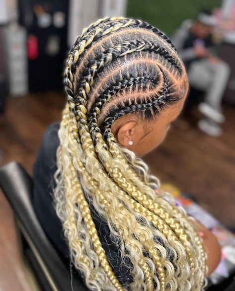 Blond Stitch Braids, Black And Blonde Stitch Braids, Stitch Braids With Boho Curls, Cornrow Braids To The Back, Blonde Stitch Braids Black Women, 4 Stitch Braids With Design, Blond Twist Braids, Stitch Braids With Color, Boho Straight Backs