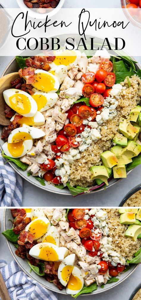 Fluffy quinoa adds the perfect boost of heartiness to this loaded chicken quinoa cobb salad! Pair it with a tangy homemade red wine vinaigrette for the perfect dinner or lunch salad. High Protein Vegan Diet, Brown Lunch Bag, Homemade Red Wine, Pasta Salad Summer, Salad Caprese, Classic Cobb Salad, Fluffy Quinoa, Chicken Quinoa Salad, Loaded Chicken