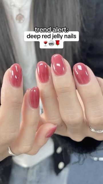 Deep Red Jelly Nails, Cherry Red Jelly Nails, Jelly Nails Fall, Jelly Red Nails, Fall Jelly Nails, Nails Inspo Winter, Red Nails For Fall, Jelly Gel Nails, Red Jelly Nails