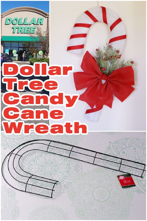 Create a festive Christmas door hanger with this candy cane wreath from from Dollar Tree Candy Cane Form Ideas, Candy Cane Wreaths Diy How To Make, Pinecone Candy Cane Wreath, Candy Cane Wreath Form Ideas, Candy Cane Wreath Diy Dollar Stores, Dollar Tree Candy Cane Wreath Form Ideas, Dollar Tree Candy Cane Wreath, Dollar Tree Wire Candy Cane Frame, Dollar Tree Candy Cane