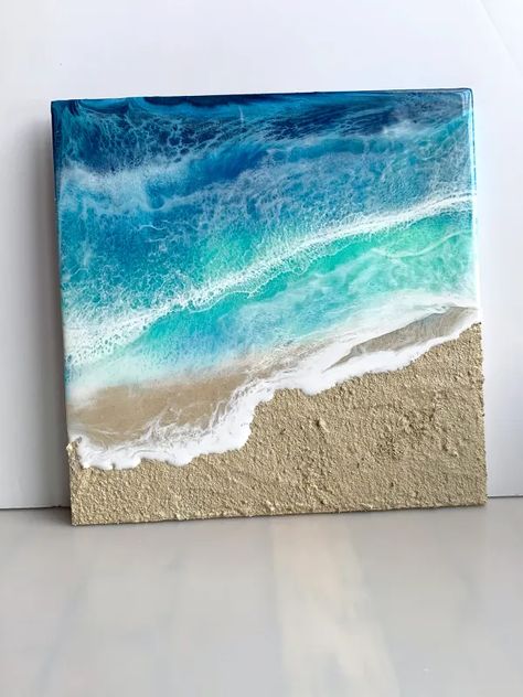 Reson Art For Sale - janasoiseth.com Beach Theme Art, Mixed Media Resin Art, Resin Techniques, Ocean Resin Art, Shell Artwork, Ocean Art Painting, Beach Canvas Art, Ocean Resin, Diy Abstract Canvas Art