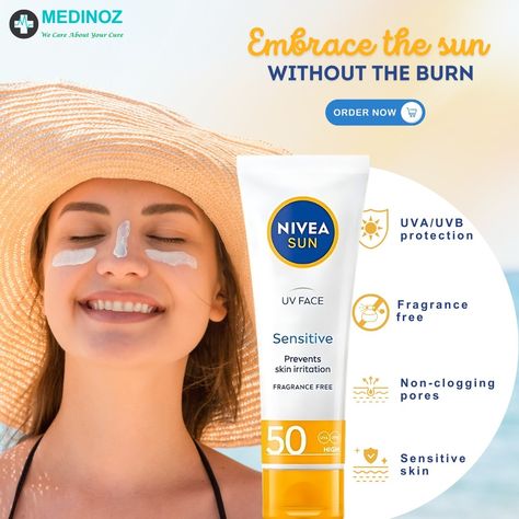 Embrace the sun without the burn! ☀️🛡️ With Nivea Sun Sensitive Skin, step out with confidence. Its non-greasy, fragrance-free formula offers SPF 50 protection, keeping your skin safe and brightening days. ORDER NOW Get 20% OFF on your first order. Contact us: +91 8800699419 | 8800105321 Address: LGF-01 & 02, SVG Galleria, Sector 131, Noida, Uttar Pradesh 201301 #SensitiveSkin #SPF50 #SunProtection #NoWhiteCast #SkinHealth #SunscreenEssentials #HealthySkin #UVProtection #SkincareRoutine #Beat... Person Photography, Product Inspiration, Advertising Ideas, Product Marketing, Sun Screen, Fashion Hijab, Sun Cream, Creative Posters, Uttar Pradesh