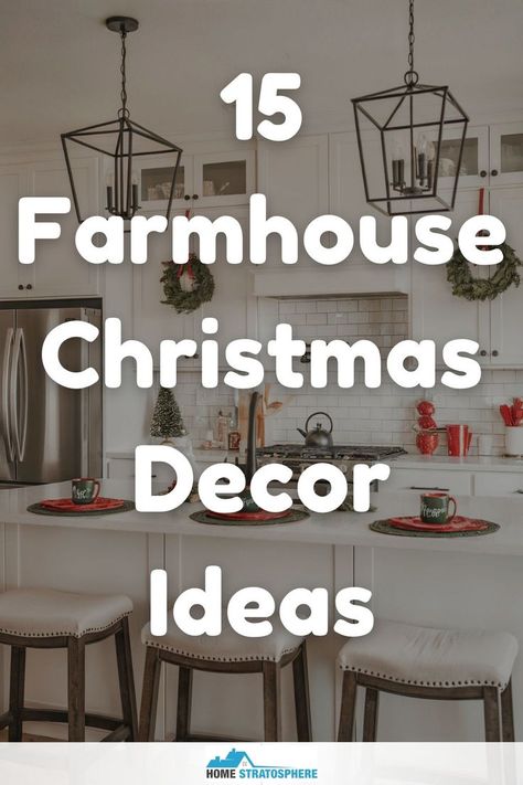 A farmhouse kitchen adorned with Christmas decor, including wreaths, festive mugs, and simple greenery. Farmhouse Christmas Inspiration, Stove Hood Christmas Decor, Simple Elegant Christmas Decor Ideas, Christmas Decor Modern Farmhouse, Farmhouse Chic Christmas Decor, Christmas Decor Island Kitchen, Farmhouse Christmas Decorating Ideas, Farmhouse Christmas Kitchen Decor Ideas, Christmas Decor For Chandelier