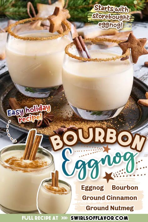 Bourbon Eggnog is an easy recipe for the holiday season. Just add Bourbon and two spices to store-bought eggnog and you’ll have a delicious holiday drink in just minutes! Starts with storebought eggnog! Eggnog With Bourbon, Bourbon Eggnog Recipe, Drinks With Eggnog, Bourbon Eggnog, Winter Drink Recipes, Eggnog Recipes, Eggnog Drinks, Fun Party Drinks, Christmas Drinks Recipes