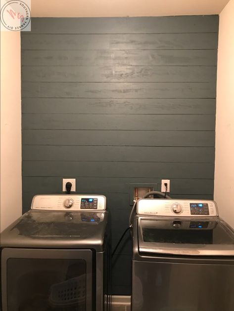 Black Shiplap Laundry Room Wall, Black Walls In Laundry Room, Laundry Room Shiplap Wall, Shiplap Laundry Room Wall, Accent Wall Laundry Room, Shiplap Laundry Room, Feature Wall Diy, Laundry Room Accent Wall, Laundry Room On A Budget