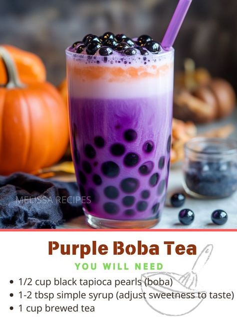 Melissa Recipes | Purple Boba Tea (Halloween Edition) 👻🧋 | Facebook Halloween Boba, Black Tapioca Pearls, Tapioca Pearls, Boba Tea, Brewing Tea, Bubble Tea, Simple Syrup, Halloween Party, Bubbles