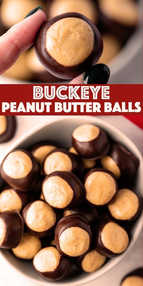 Buckeye Peanut Butter Balls - creamy peanut butter candy balls dipped in smooth melted chocolate. The easiest homemade candy recipe! Peanutbutter Buckeye, White Chocolate Peanut Butter Balls, Buckeye Peanut Butter Balls, Best Buckeyes Recipe, Vampire Dinner, Dessert List, Peanut Butter Balls Easy, Pops Recipes, Buckeye Balls